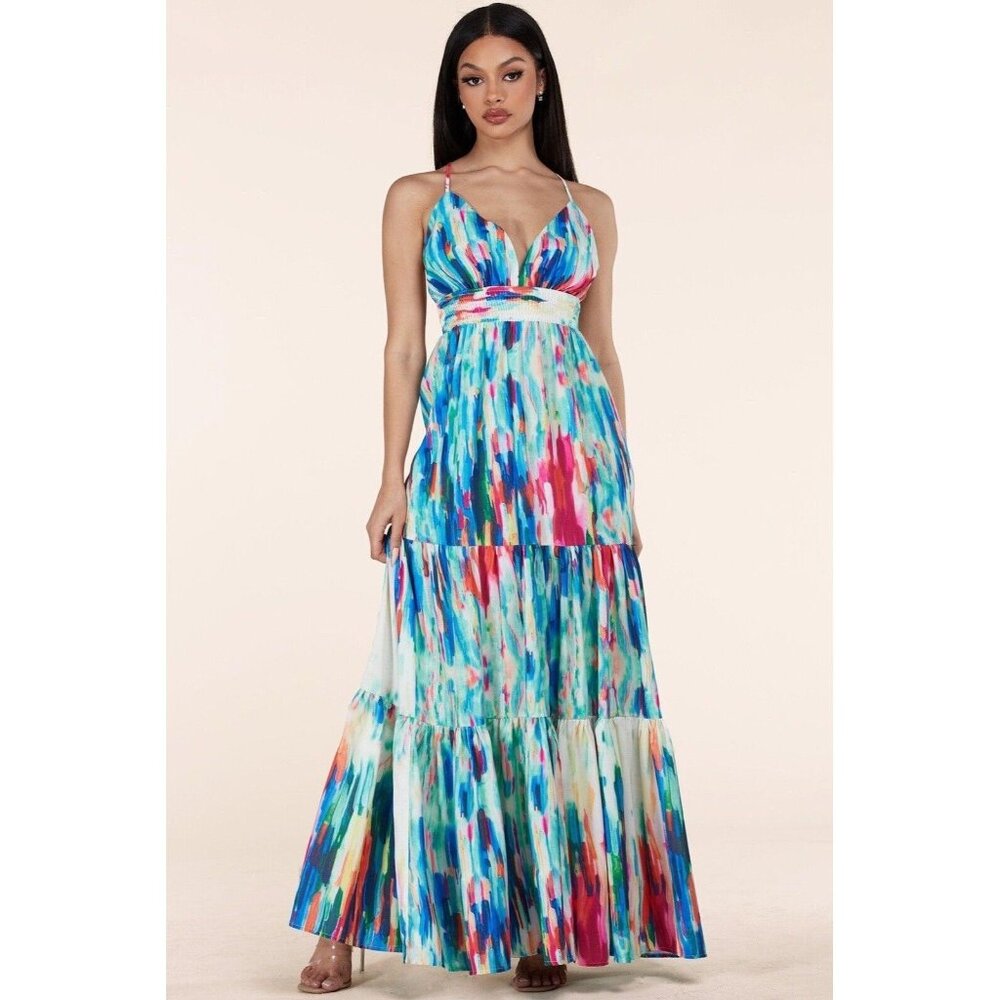 L’ATISTE Color spectrum Tiered Maxi‎ Dress Size Small